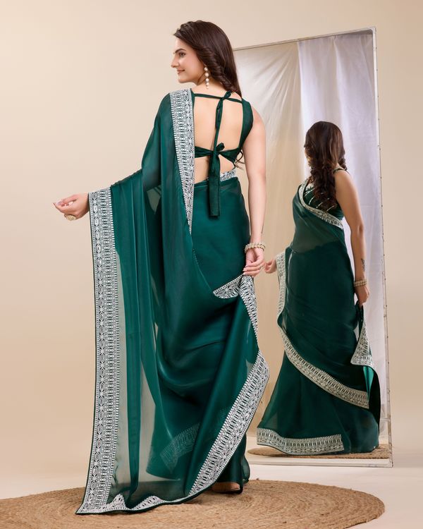 Teal Heavy Embroidery Work Lace & Blouse Jimmy Chau Silk Saree