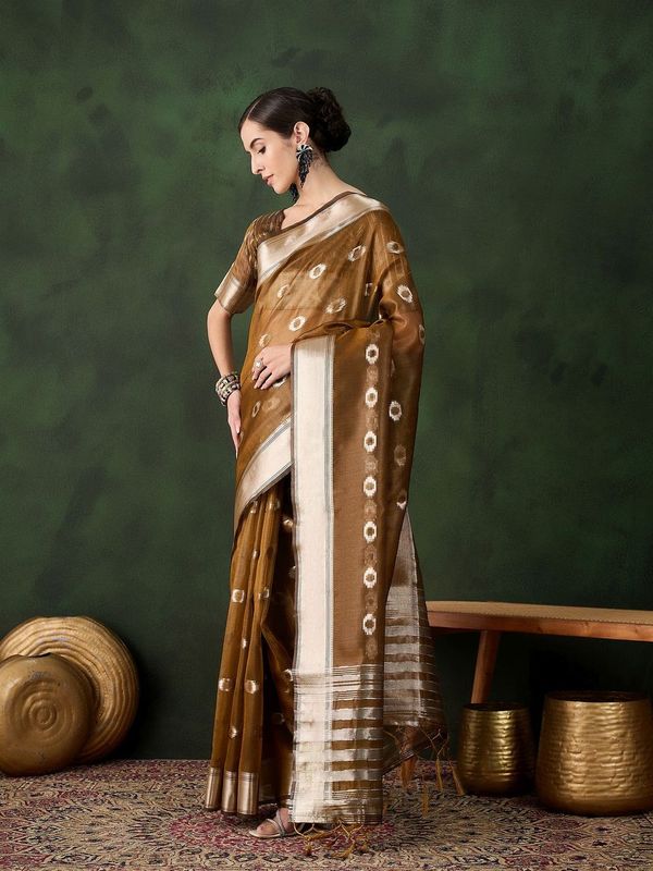 Mustard Wevon Jacquard Designer Khadi Organza Saree
