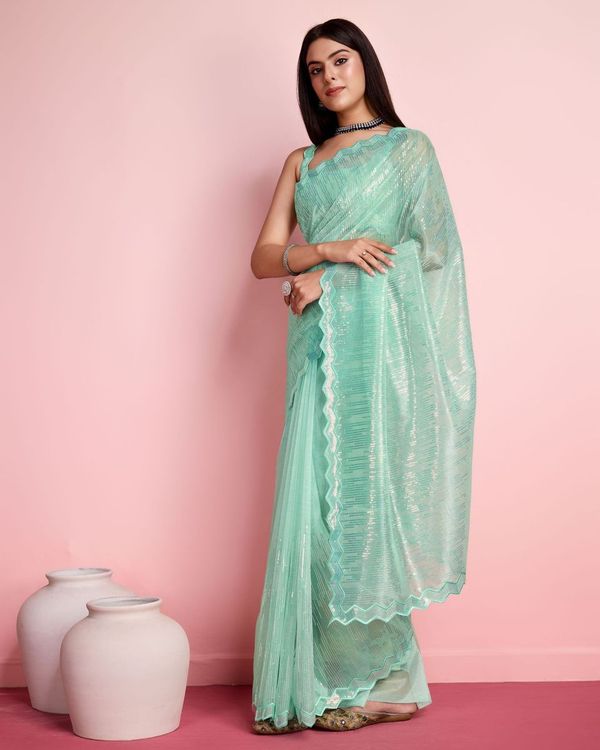 Sea Green Thread & Sequance Embroidery Work Silver Twill Net Saree