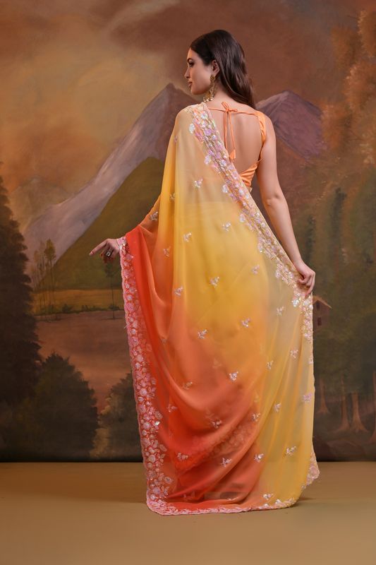 Yellow Pedding & Sequance Embroidery Work Georgette Saree