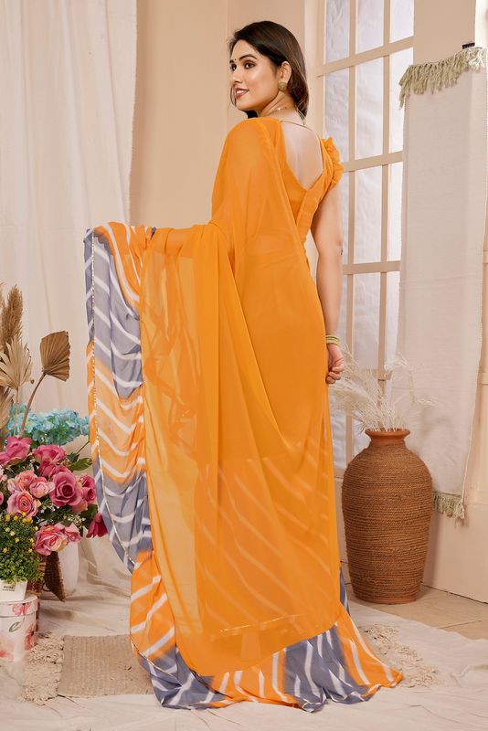 Yellow Designer Printed & Ruffal Georgette Saree