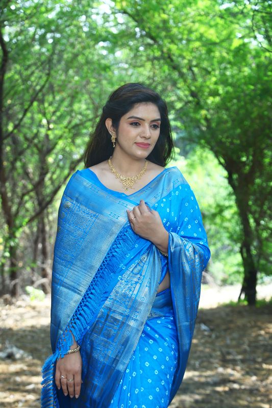 Blue Wevon Jari Heavy Designer & Bandhej Work Kanjivaram Silk Saree