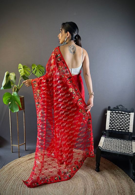 Red Multy Thread Embroidery Work Butterfly Net Saree