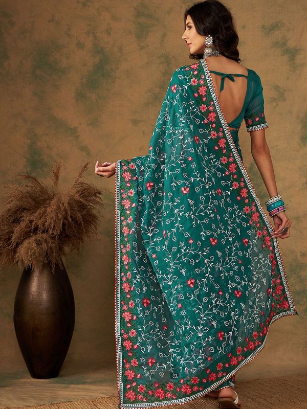 Green Designer Embroidery Work Organza Saree