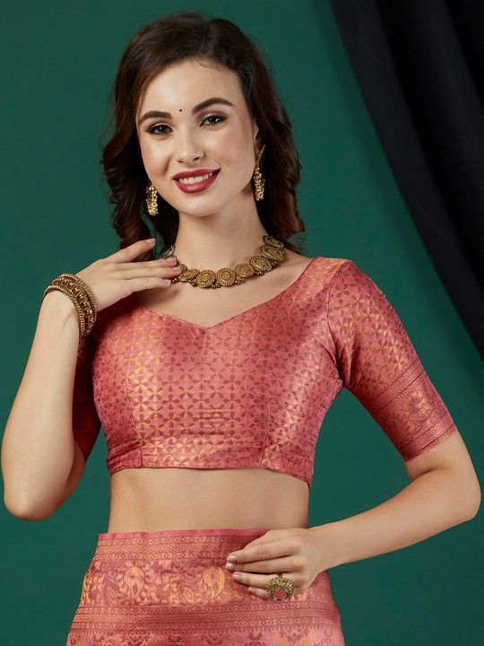 Peach Kanjeevaram Woven Saree With Tassels on Pallu and Stitched Peach Blouse