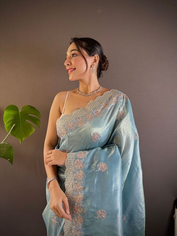 Blue Sequance & Thread Embroidery & Cut Work Gold Crunchy Saree