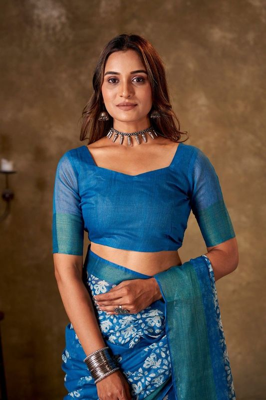 Blue Cotton Printed Saree and Stitched Blue Blouse