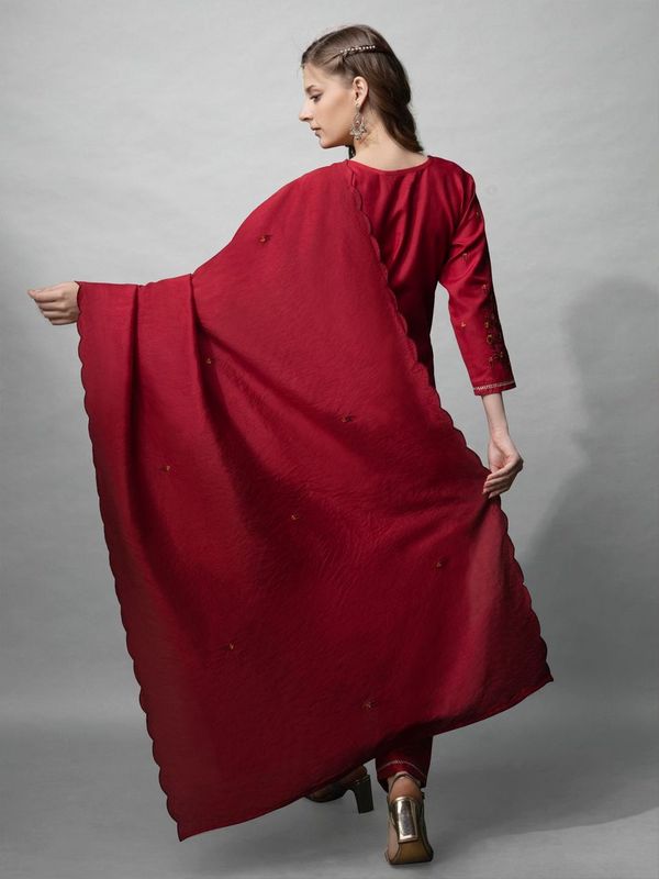 Maroon Color Cotton Blend Readymade Dress With Designer Embroidery Work