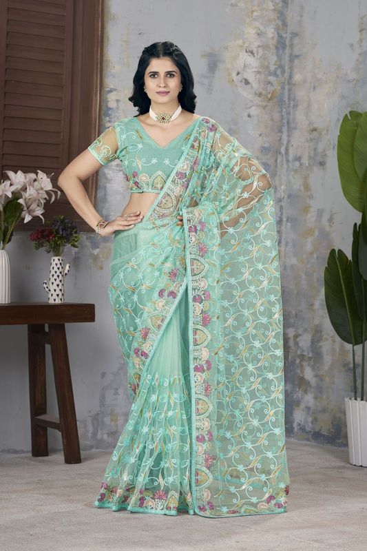Sea Green Foil Thread & Aari Dori Embroidery Work Butterfly Net Saree
