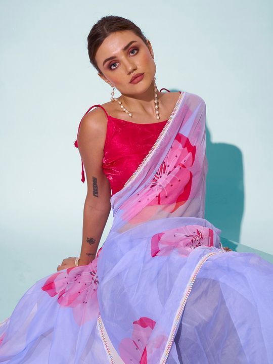 Sky Blue Designer Printed Organza Saree