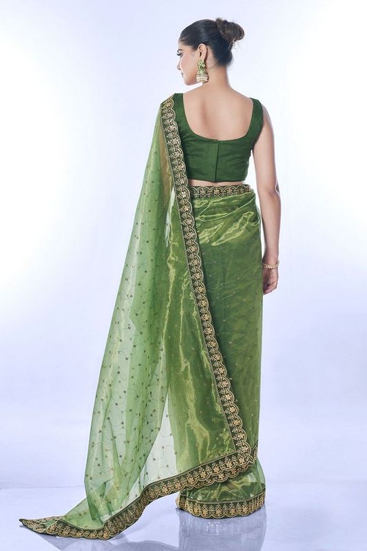 Green Color Golden Net Partywear Sequins Embroidery Work Ethnic Saree