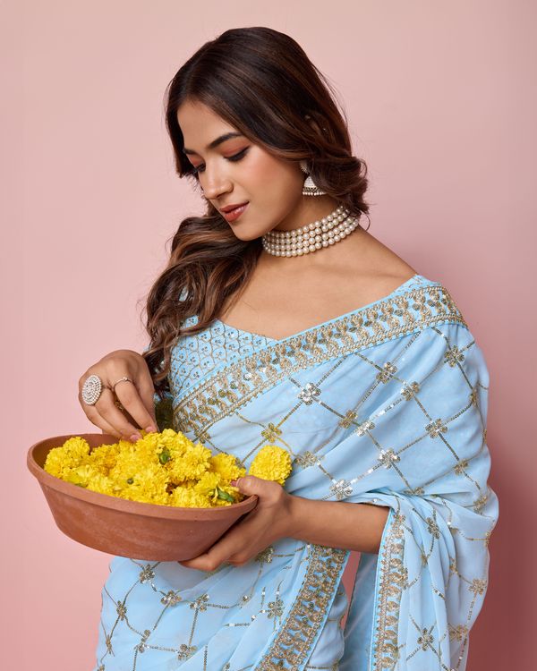 Sky Blue Designer Coding & Sequance Embroidery Work Georgette Saree