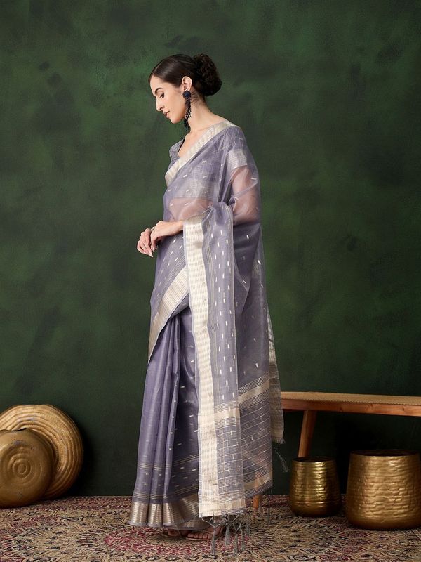 Grey Wevon Jacquard Designer Khadi Organza Saree