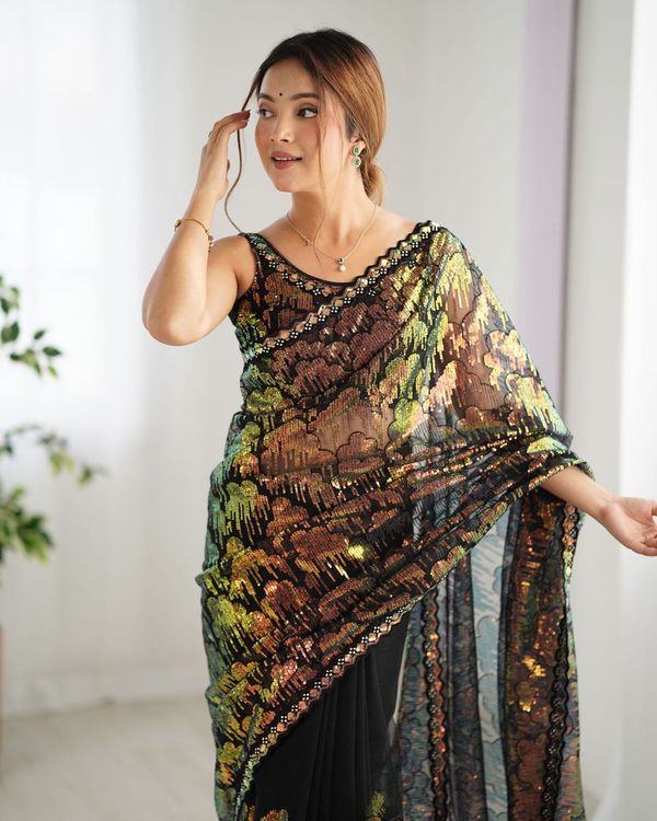 Black Color Mono Net Beautiful Bollywood Saree With Designer Sequins Work