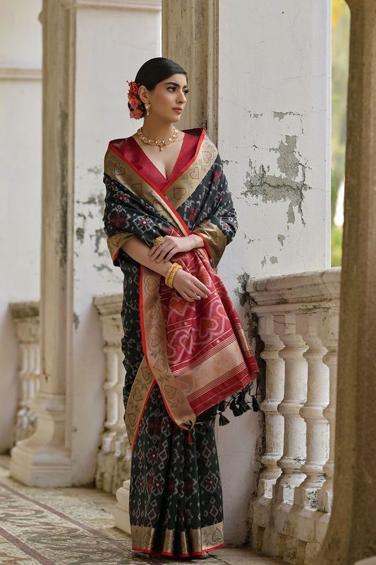 Black All Over Ikkat Woven Design With Contrast Pallu Saree