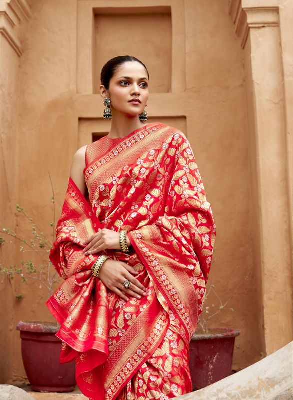 Red Wevon Brocade Designer Viscose Silk Saree