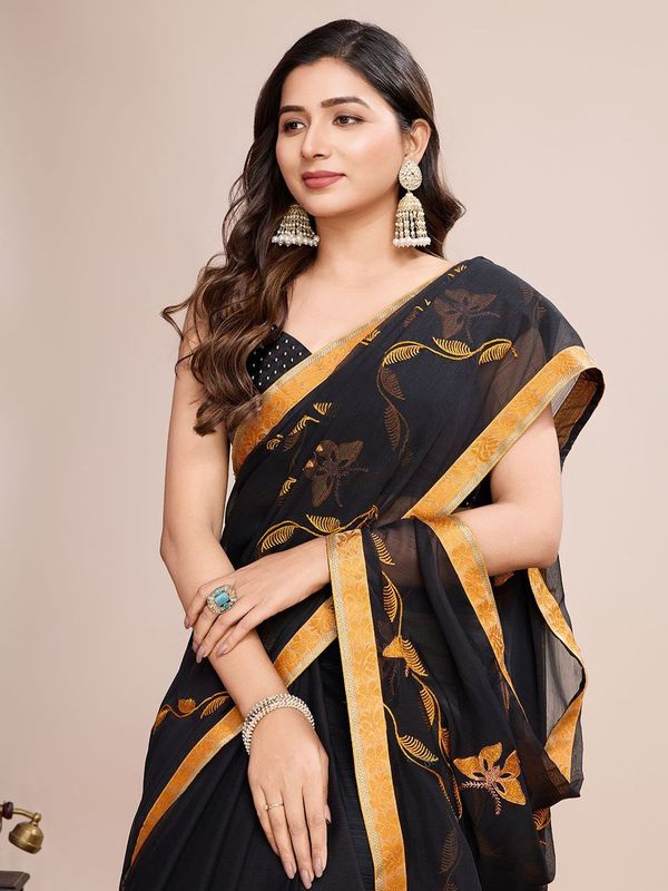 Black Designer Embroidery Work Georgette Saree