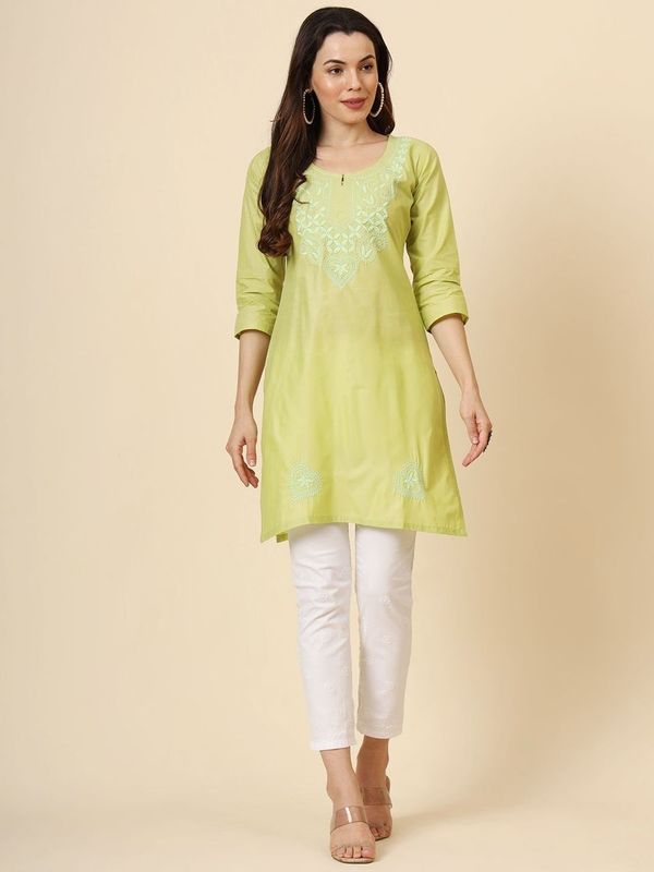 Green Cotton Thread Embroidery Work Formal Looks Classy Casual Looks Kurta
