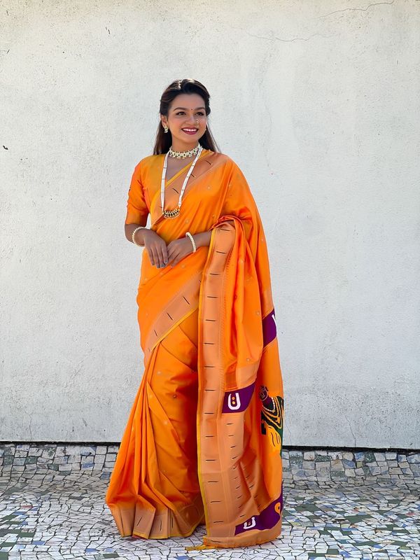 Yellow Wevon Paithani Vitthala Designer Soft Silk Saree