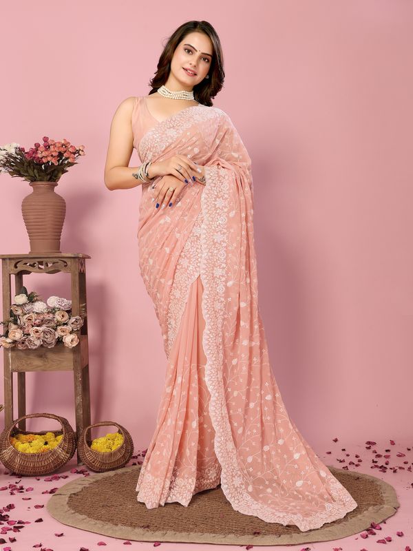 Peach Thread & Sequance Embroidery Work Georgette Saree
