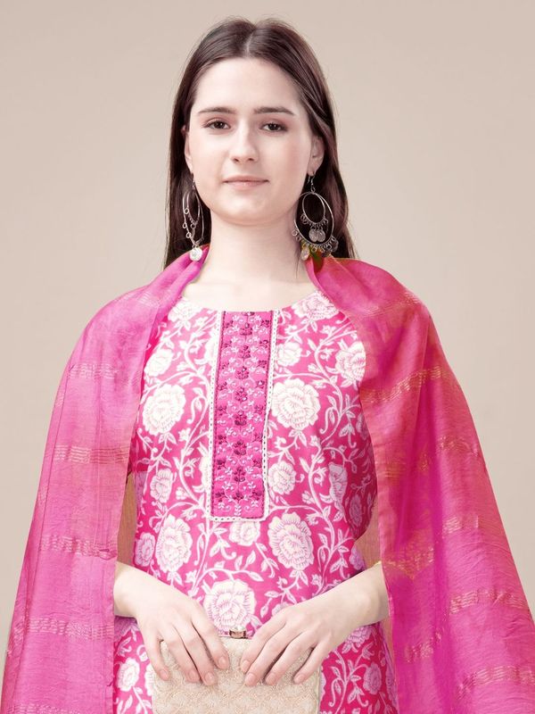 Pink Color Rayon Fabric Designer Printed Readymade Suits With Smart Embroidery Work