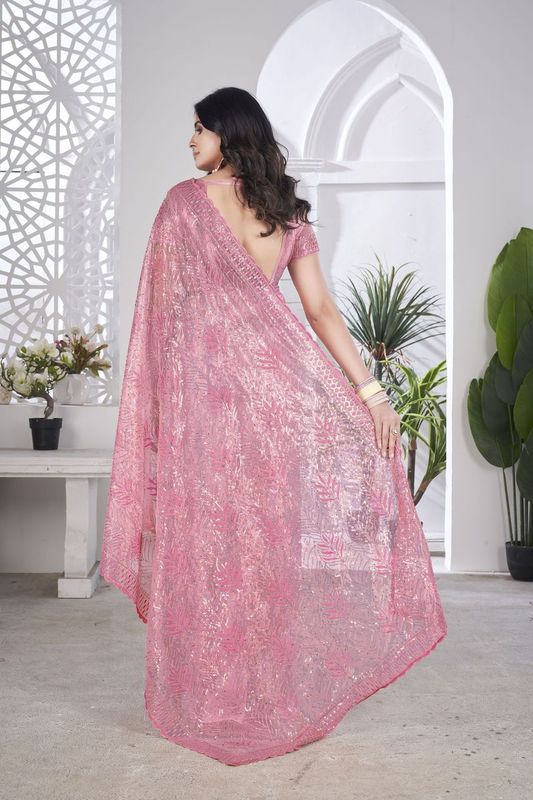Pink Multy Thread & Sequance Embroidery Cut Work Tissue Net Saree