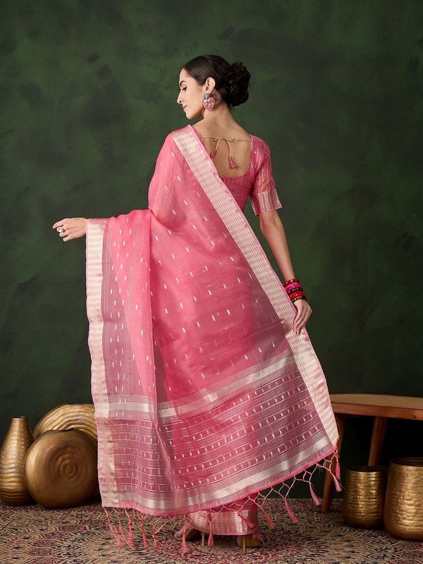 Pink Wevon Jacquard Designer Khadi Organza Saree