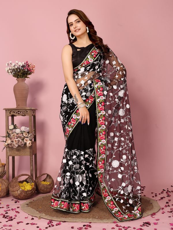 Black Multy Thread Embroidery Work Soft Net Saree