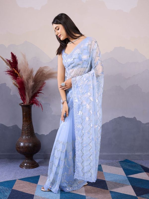 Sky Blue Designer Sequance Embroidery Work Twill Net Saree