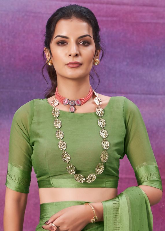 Khaki Green Wevon Patta Designer With Swarovski Work Chiffon Saree