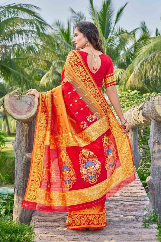 Red Wevon Thread Designer Silk Cotton Saree