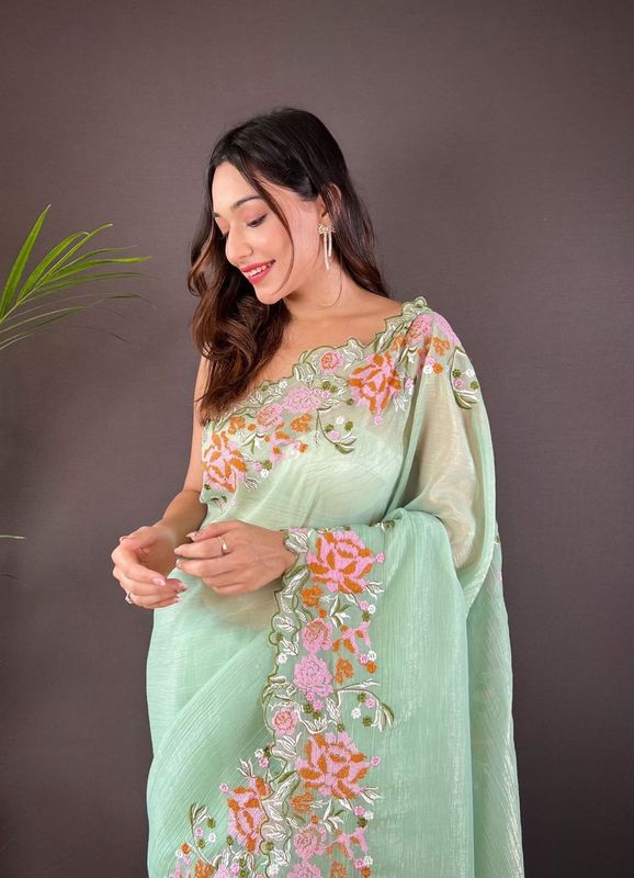 Pista Cross Stich Embroidery Cut Work Glossy Silk Saree