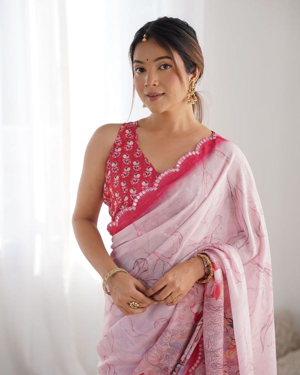 Pink Designer Digital Printed & Mirror Cut Work Chinon Saree