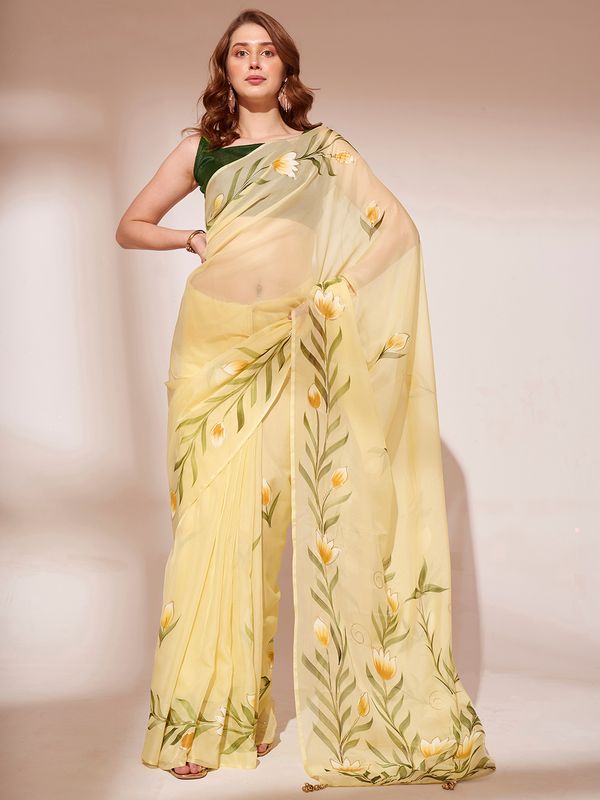 Yellow Designer Brush Printed Blooming Organza Saree