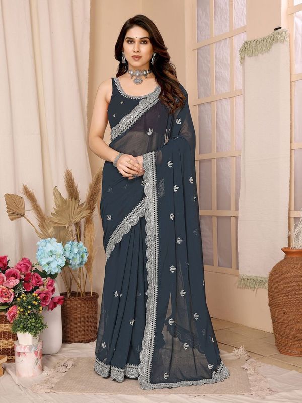 Grey Sequance Embroidery Work Zomato Chiffon Saree