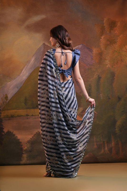 Black Laheriya Printed & Foil & Mirror Work Georgette Saree