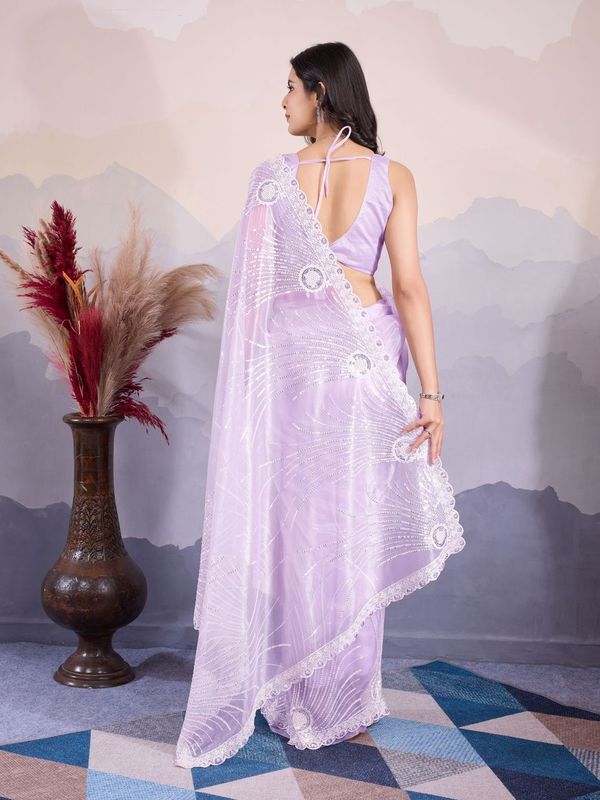 Purple Designer Sequance Embroidery Work Twill Net Saree