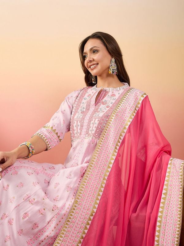 Pink Color Rich Looks Hand Woven Readymade Dress With Sophisticated Embroidery Work