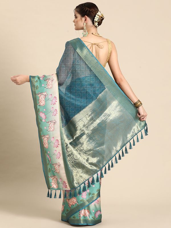 Teal Kanjivaram Silk Pichwai Digital Printed Zari Woven Saree
