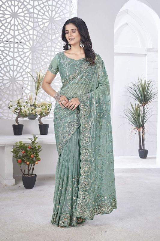 Grey Duble Sequance & Thread Embroidery Work Tissue Net Saree