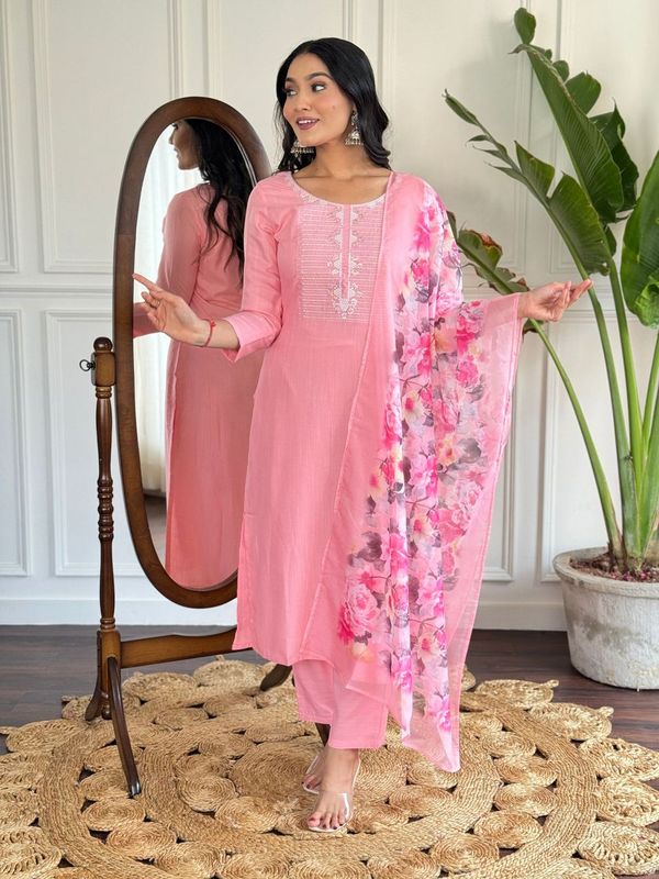 Women Embroidered Straight Kurta with Pant And Printed Dupatta Sets