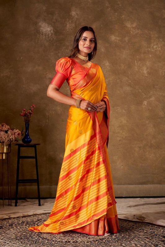 Mustard Cotton Woven Saree and Stitched Orange Blouse