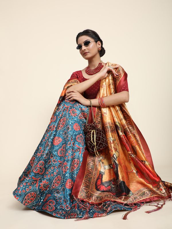 Digital Print Satin Silk Fabric Stitched Lehenga Choli With Jequared Blouse and Assami Silk Thread Work Dupatta For Women and Girls In Festive Party And Traditional Wear