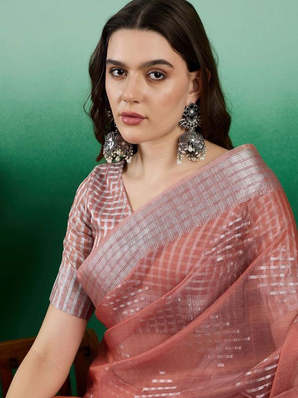 Orange Wevon Jacquard Designer Khadi Organza Saree