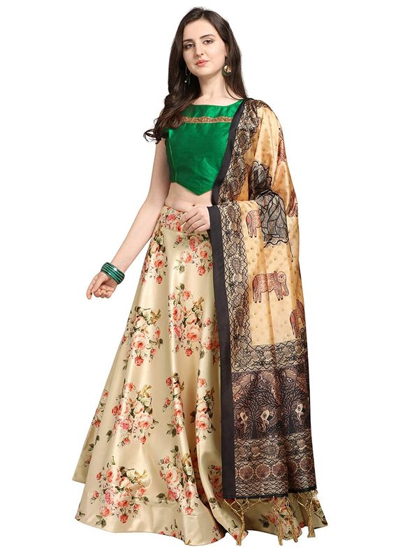 Ethnic Motifs Digital Print Shiney Satin Croptop Lehenga Choli With Blouse For Women and Girls