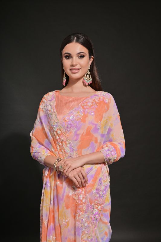 Orange Prizam Printed & C Pallu Embroidery Work Georgette Saree