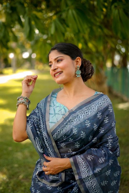 Blue Designer Digital Printed Cotton Saree