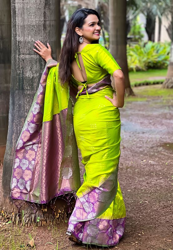 Lime Soft Silk Weaving Dual Jari Designer Ethnic Indian Traditional Saree