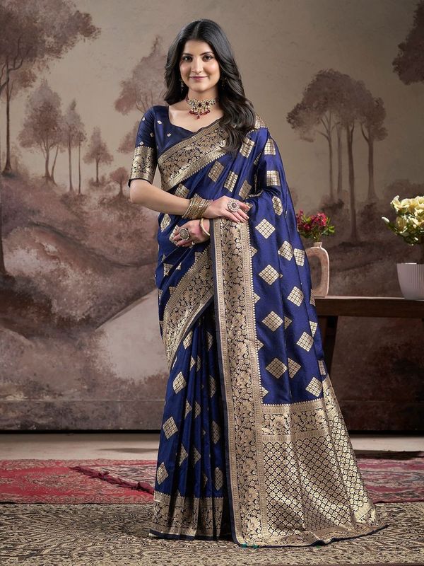 Nevy Blue Wevon Rich Pallu Designer Lichi Silk Saree