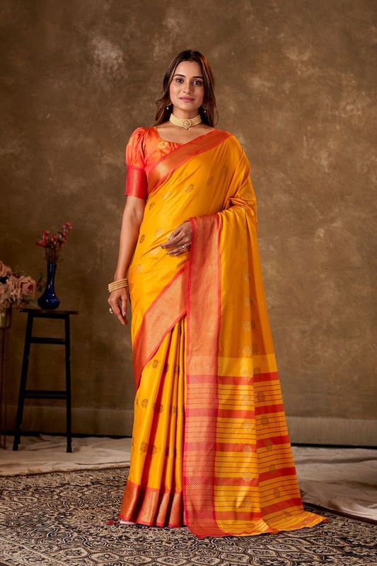 Mustard Cotton Woven Saree and Stitched Orange Blouse